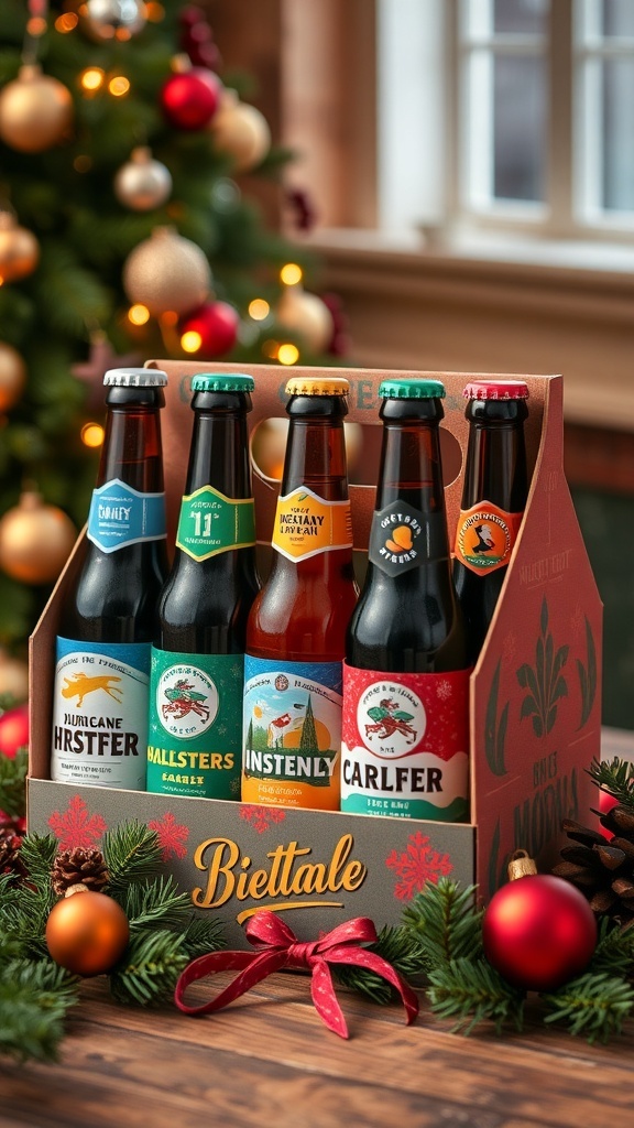 A 6-pack of assorted craft beers in a festive gift box with holiday decorations.